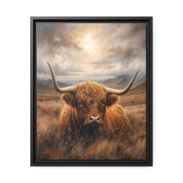 resting highland cow pastel wilderness framed canvas