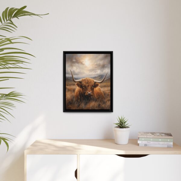 resting highland cow pastel wilderness framed canvas