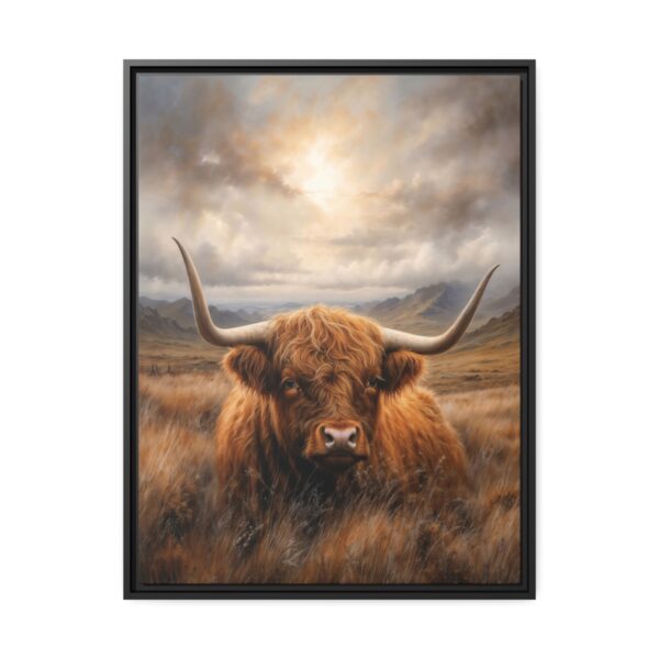 resting highland cow pastel wilderness framed canvas