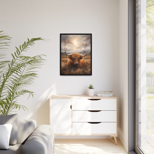 resting highland cow pastel wilderness framed canvas