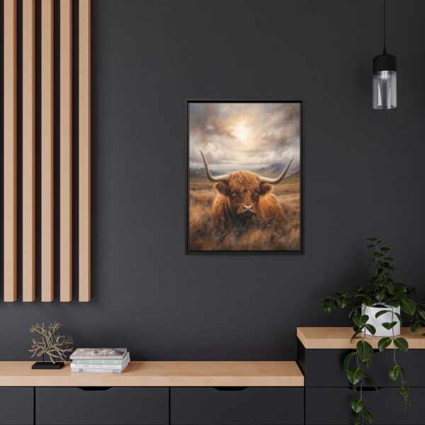 resting highland cow pastel wilderness framed canvas